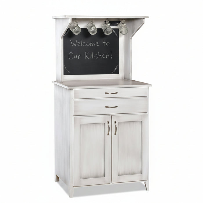 Amish Magnolia Contemporary Coffee Bar - Paint White With Glazed Finish - Coffee Hutch With Outlet and Mug Hangers - K-Cup Holder - Pull-out Surface - Storage Underneath - Solid Wood - Blank Background