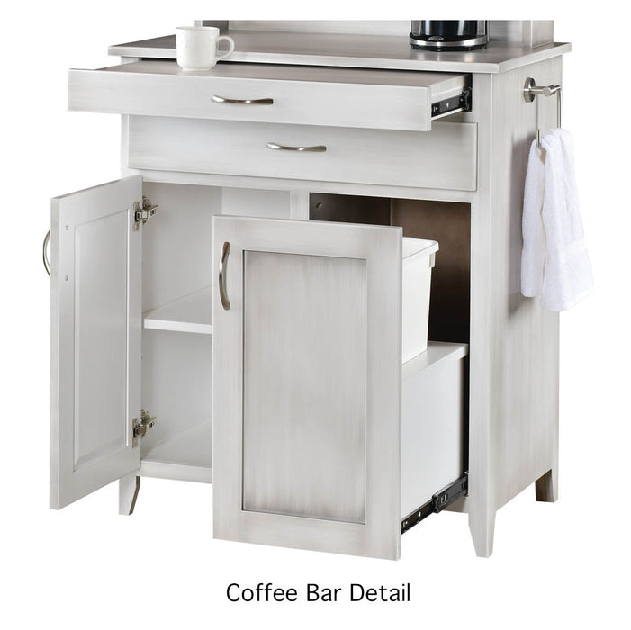 Amish Magnolia Contemporary Coffee Bar - Paint White With Glazed Finish - Coffee Hutch With Outlet and Mug Hangers - K-Cup Holder - Pull-out Surface - Storage Underneath - Solid Wood - Drawer Details