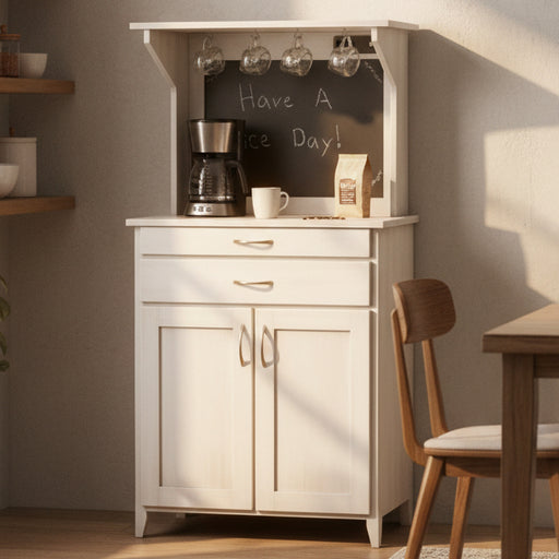 Amish Magnolia Contemporary Coffee Bar - Paint White With Glazed Finish - Coffee Hutch With Outlet and Mug Hangers - K-Cup Holder - Pull-out Surface - Storage Underneath - Solid Wood