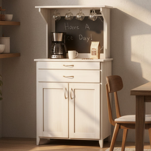 Amish Magnolia Contemporary Coffee Bar - Paint White With Glazed Finish - Coffee Hutch With Outlet and Mug Hangers - K-Cup Holder - Pull-out Surface - Storage Underneath - Solid Wood