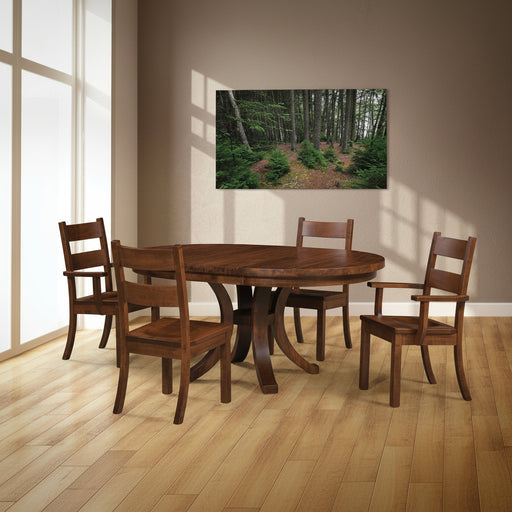 Amish Mayfield Single Pedestal Table - 48" Round With 18" Leaf - Rough Sawn - Western Side Chairs - Room Setting