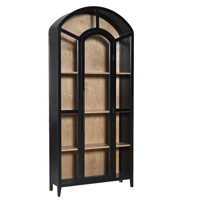 A tall arched bookcase with a black frame and glass doors, showing light wood interior shelves, isolated on a white background.