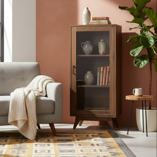 A mid-century modern wooden display cabinet with a dark brown finish, featuring a glass door, two interior shelves, and angled wooden legs.