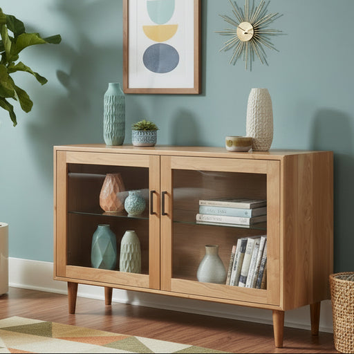 Wooden cabinet with glass doors on a white background