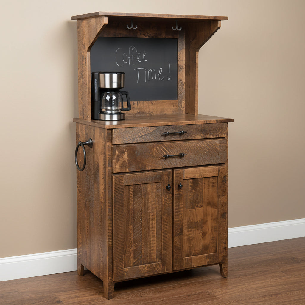 Amish Mill Creek Rough Sawn Coffee Bar - Rough Sawn Brown Maple - Coffee Hutch With Outlet and Mug Hangers - K-Cup Holder - Pull-out Surface - Storage Underneath - Solid Wood - In-room