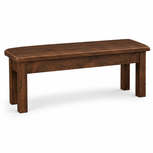 A rustic wooden bench with a dark brown stained frame and a light beige upholstered cushion, shown on a clean white background.