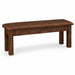 A rustic wooden bench with a dark brown stained frame and a light beige upholstered cushion, shown on a clean white background.