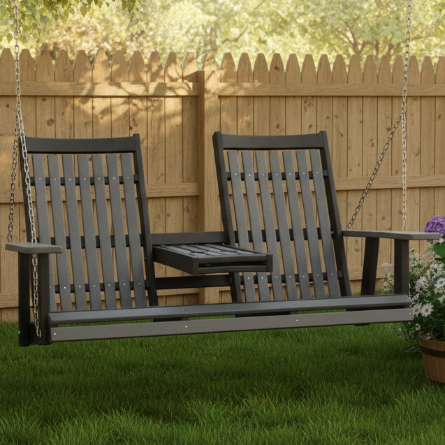 Amish Mission 5' Settee Swing - Dark Gray on Black Tangent Poly - Main Photo With Background