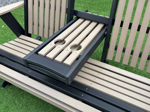 Amish Mission Adirondack 5' Settee Glider - Tangent Poly - Weatherwood on Black - Center Cupholder Detailed Close Up