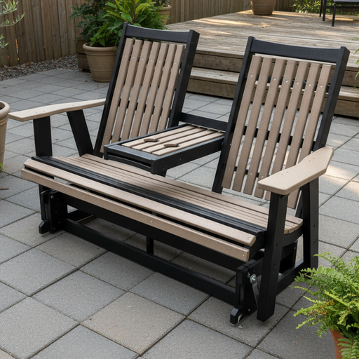 Amish Mission Adirondack 5' Settee Glider - Tangent Poly - Weatherwood on Black - Folded Down Center