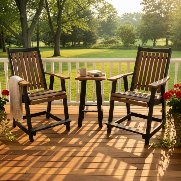Amish Mission Adirondack Balcony Set - 2 Balcony Chair & End Table - Antique Mahogany on Black - In Home Photo