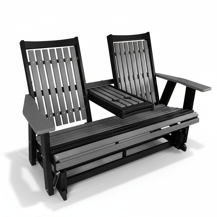 Amish Mission Adirondack Settee Glider with Cupholder Fold Down Duraweather Poly Furniture Dark Grey on Black Colors