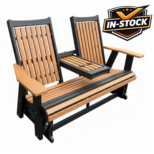 Amish Mission Adirondack Settee Glider with Cupholder Fold Down Duraweather Poly Furniture Weatherwood Tan on Black Colors 3