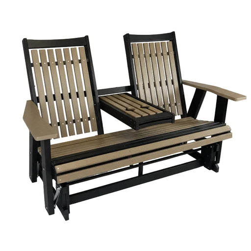 Amish Mission Adirondack Settee Glider with Cupholder Fold Down Duraweather Poly Furniture Weatherwood Tan on Black Colors