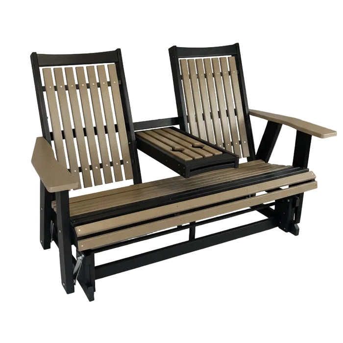 Amish Mission Adirondack Settee Glider with Cupholder Fold Down Duraweather Poly Furniture Weatherwood Tan on Black Colors