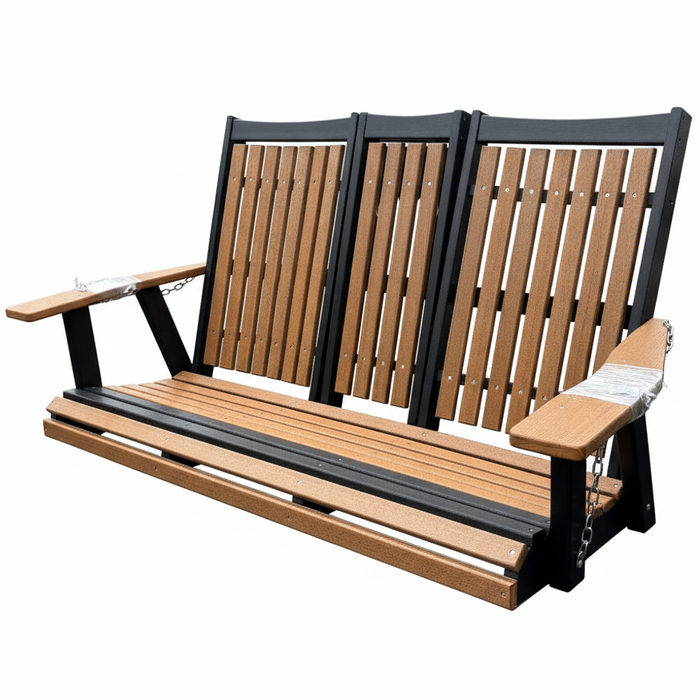 Amish Mission Adirondack Swing - Antique Mahogany on  Black - HDPE Poly Amish Swing - Tangent Poly - Amish Made Outdoor Swing 1