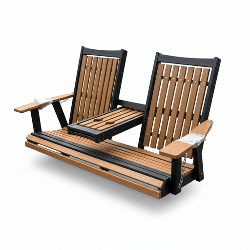 Amish Mission Adirondack Swing - Antique Mahogany on Black - HDPE Poly Amish Swing - Tangent Poly - Amish Made Outdoor Swing