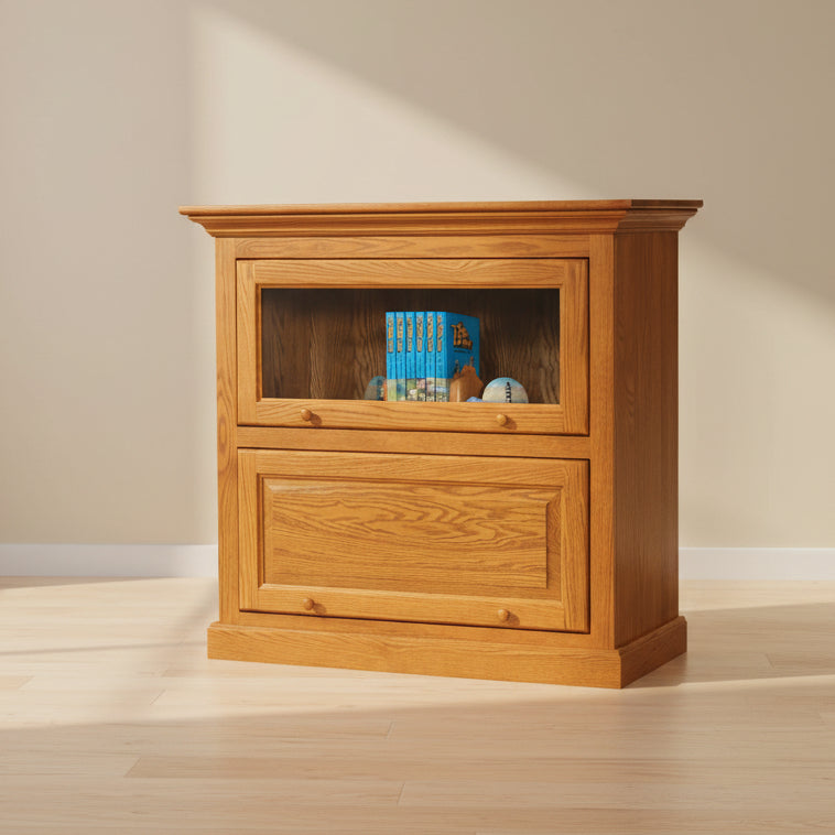Amish Mission Barrister 40.5" One Piece 2 Door Bookcase
Traditional Raised Panel Doors
Ball Bearing Slides
Wood Knobs
Flat Glass