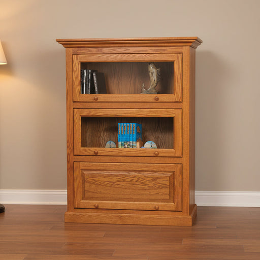 Amish Mission Barrister 40.5" One Piece 3 Door Bookcase
Traditional Raised Panel Doors
Ball Bearing Slides
Wood Knobs
Flat Glass