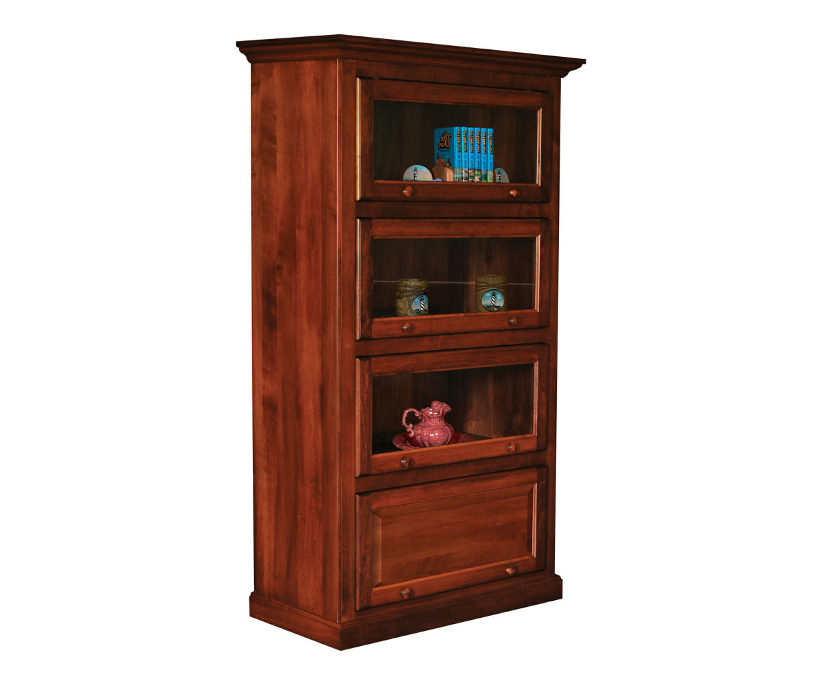 Amish Mission Barrister 40.5" One Piece 4 Door Bookcase
Traditional Raised Panel Doors
Ball Bearing Slides
Wood Knobs
Flat Glass