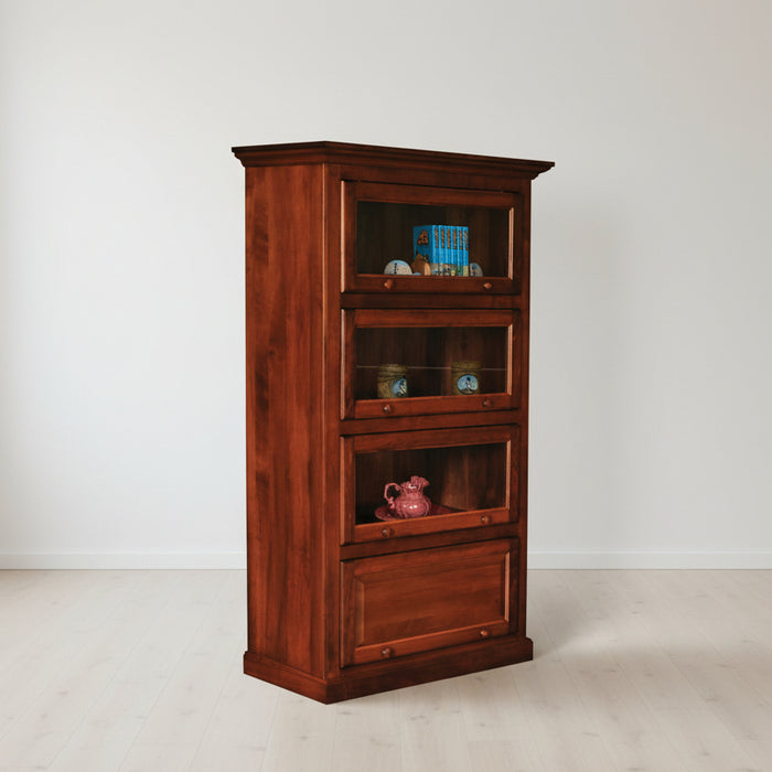 Amish Mission Barrister 40.5" One Piece 4 Door Bookcase
Traditional Raised Panel Doors
Ball Bearing Slides
Wood Knobs
Flat Glass