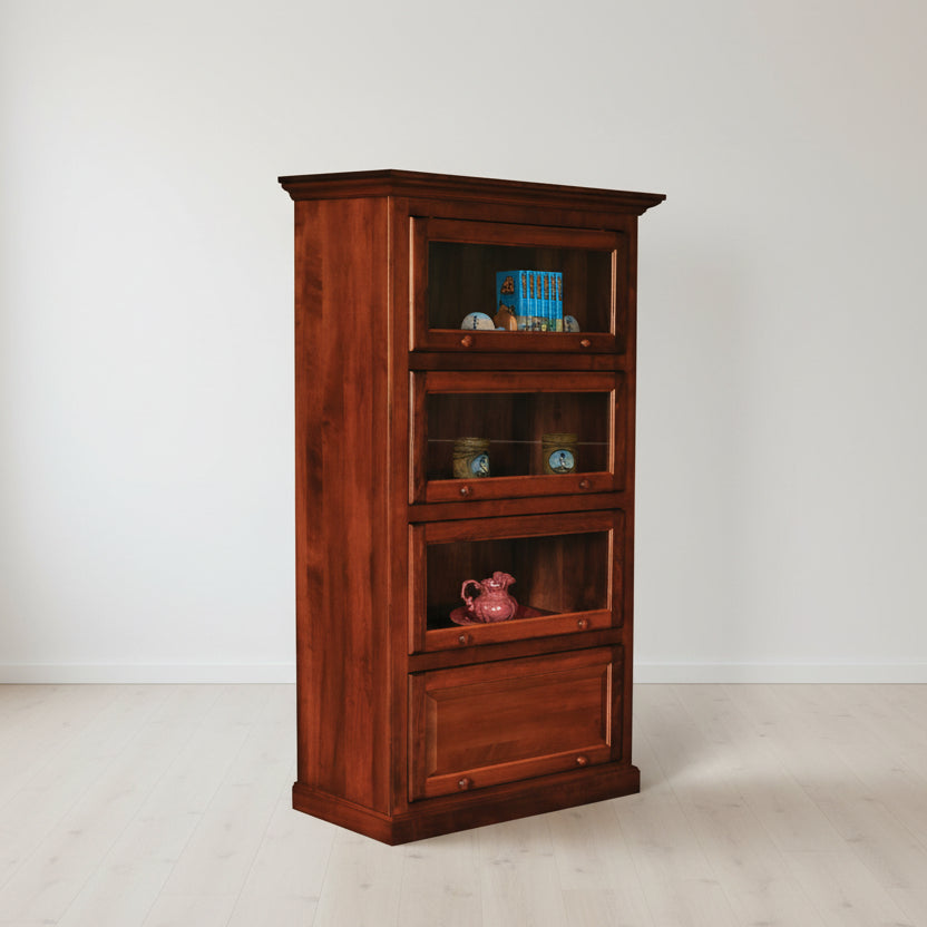 Amish Mission Barrister 40.5" One Piece 4 Door Bookcase
Traditional Raised Panel Doors
Ball Bearing Slides
Wood Knobs
Flat Glass