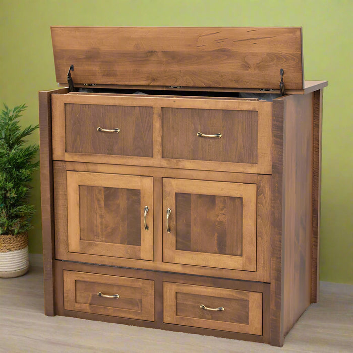 Amish Mission Hide-a-Bed with Drawers - Amish Murphy Bed - Twin Size - Position 1 - Solid Maple