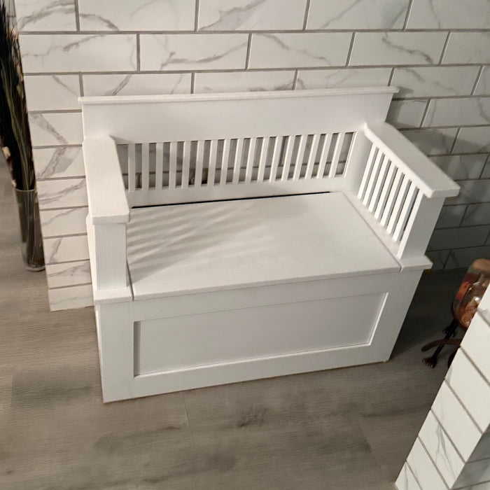 Mission Storage Bench with Mission Backing and Arms OCS 341 White on Oak Amish Made Front Facing