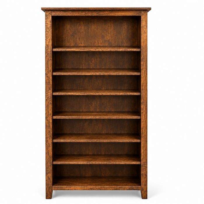 A tall, five-shelf wooden bookcase with a warm medium-to-dark brown finish and visible wood grain, shown against a plain white background.