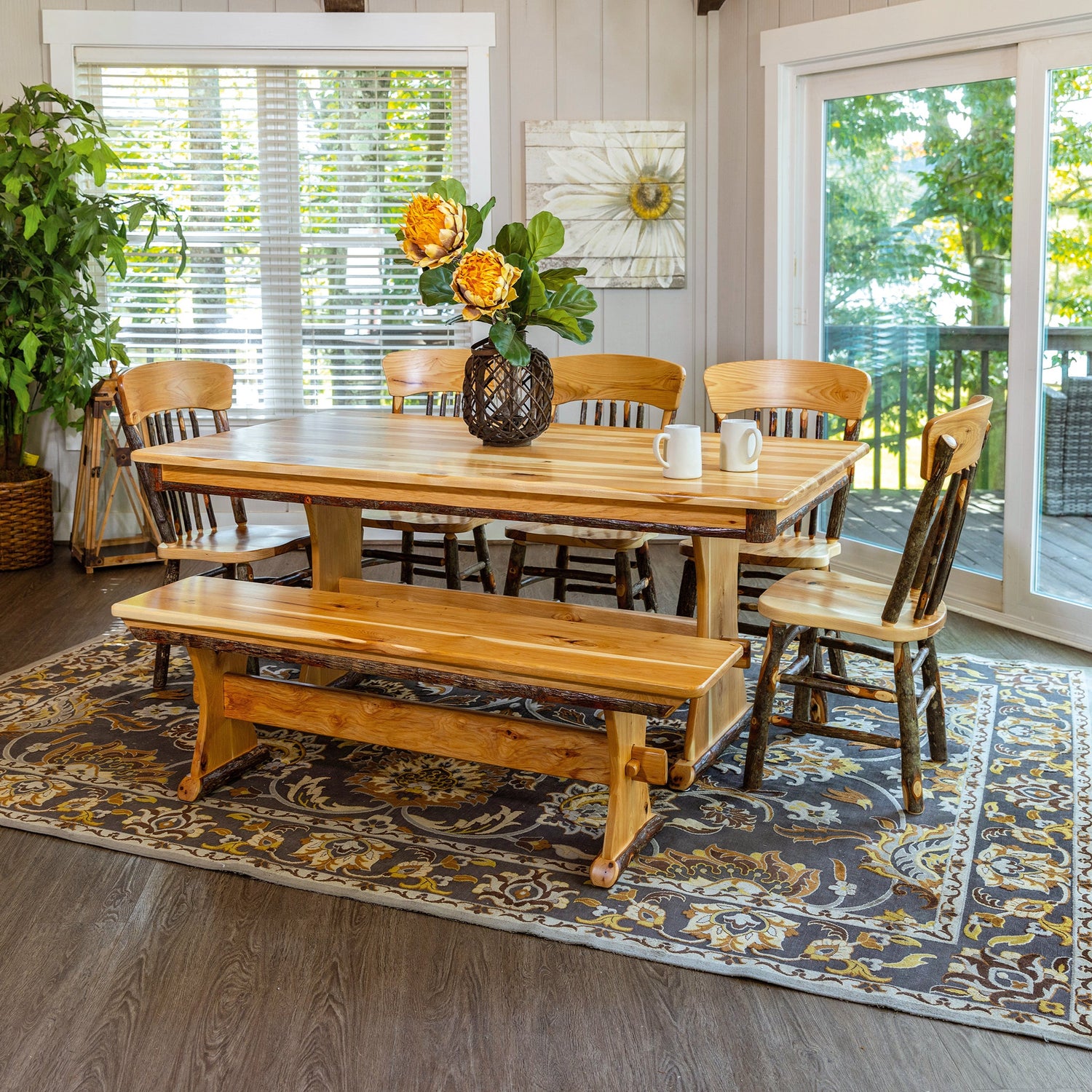 Amish Modern Hickory Log Dining Set with Trestle Base Table and Panel Back Hickory Log Dining Chairs Bylers Rustics