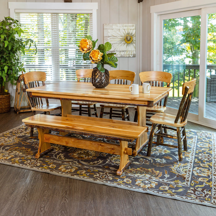 Amish Modern Hickory Log Dining Set with Trestle Base Table and Panel Back Hickory Log Dining Chairs Bylers Rustics
