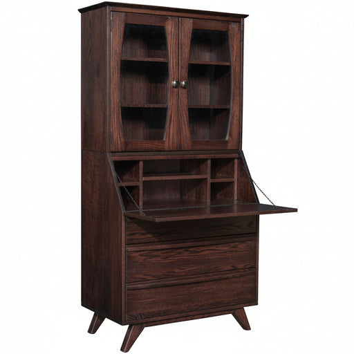 Wooden cabinet with open shelf and closed doors on a white background