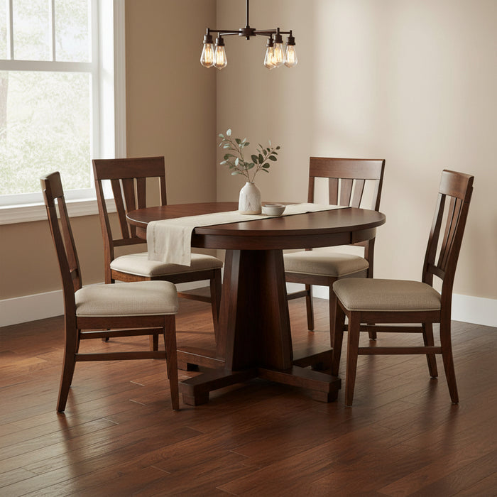 Amish Modern Mission Round Single Pedestal Table - Mission Base - Round Amish Table - Sap Cherry - OCS-117 Asbury - In-Room Photo