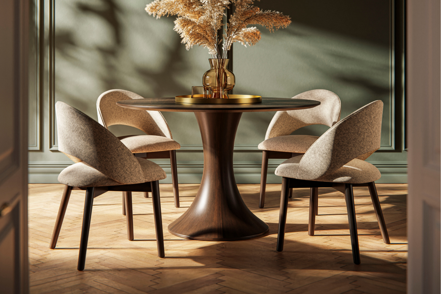 Amish Modern Oneida Round Dining Set With Fabric Dining Chairs- Amish Solid Maple Round Dining Table Set - Heartland Fabric - Wengerd Wood Products