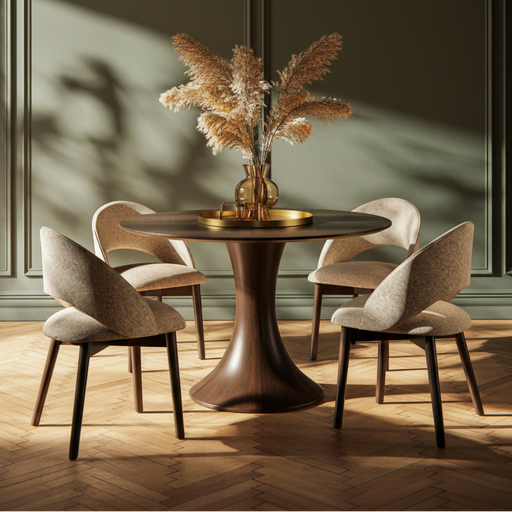 Amish Modern Oneida Round Dining Set With Fabric Dining Chairs- Amish Solid Maple Round Dining Table Set - Heartland Fabric - Wengerd Wood Products