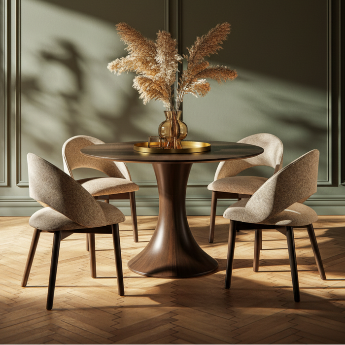 Amish Modern Oneida Round Dining Set With Fabric Dining Chairs- Amish Solid Maple Round Dining Table Set - Heartland Fabric - Wengerd Wood Products