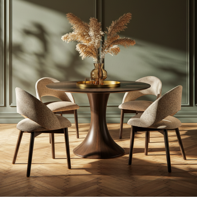 Amish Modern Oneida Round Dining Set With Fabric Dining Chairs- Amish Solid Maple Round Dining Table Set - Heartland Fabric - Wengerd Wood Products