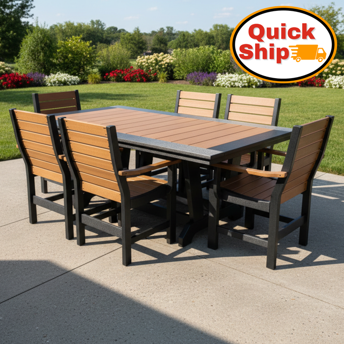 Amish Modern Rectangle Board Top Poly Baldwin Dining Set Antique Mahogany on Black Quick Ship Dining Set 