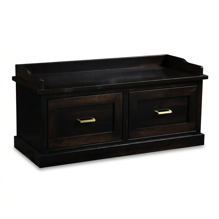 A dark brown wooden storage bench with two drawers featuring brass handles, shown on a plain white background.