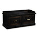 A dark brown wooden storage bench with two drawers featuring brass handles, shown on a plain white background.
