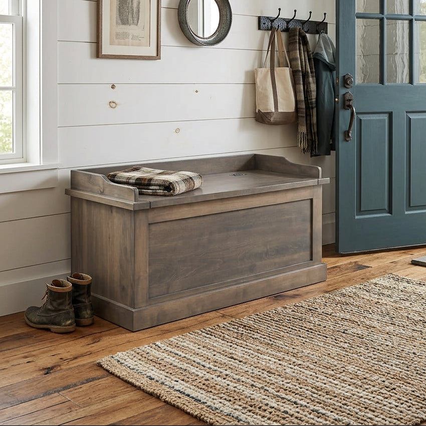 A rustic gray-brown wooden toy storage bench with a hinged lid, shown from a three-quarter angle on a white background.