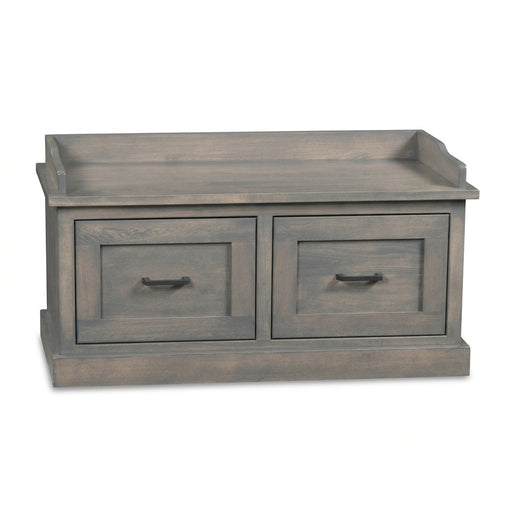 A rustic gray-brown wooden storage bench with two drawers and a raised tray-style top, shown on a plain white background.