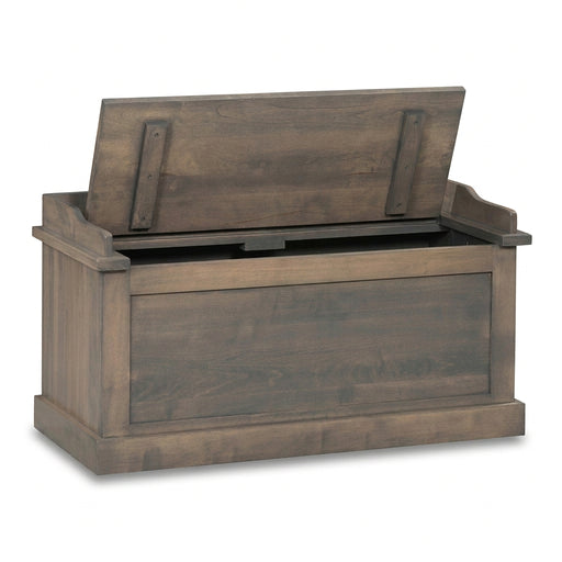 A rustic brown wooden storage bench with its lid propped open, showing a black metal latch mechanism inside. The bench has a weathered wood finish and is isolated on a white background.
