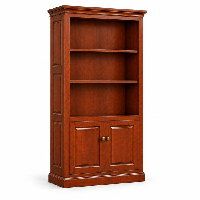 A tall wooden bookcase with a warm brown finish, featuring open shelves on the upper half and two cabinet doors on the lower half, styled with a vase, books, and a picture frame against a white background.