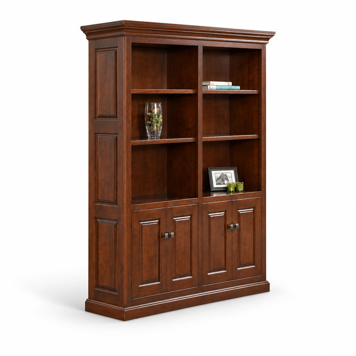 Wooden bookshelf with glass vase and framed picture on a white background
