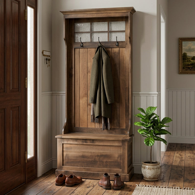 A rustic brown wooden entryway coat rack and bench with a textured glass window and four hanging hooks, shown on a solid white background.