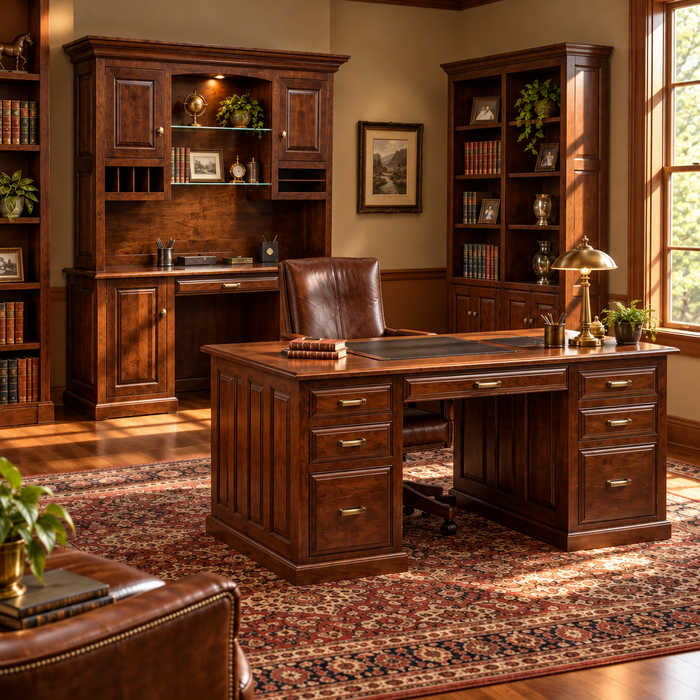 A set of four dark brown wooden home office furniture pieces shown on a white background: a hutch with shelving, an L-shaped desk, a tall office chair, and a tall bookcase.