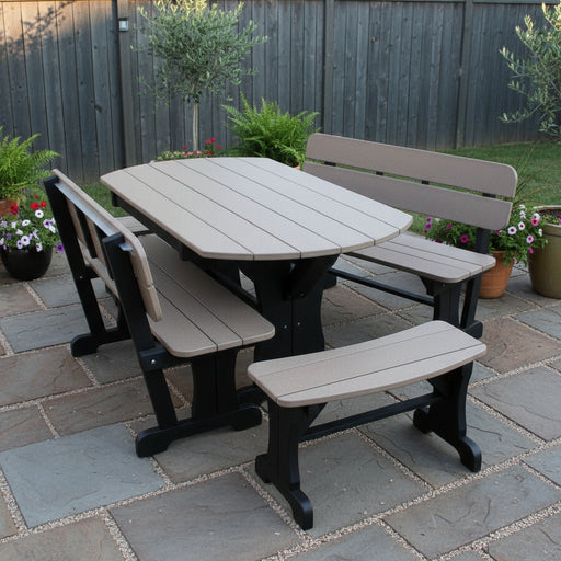 Levi Leisure 5' Oval Table with 30" Curved Bench and 48" Bench with Back Amish Poly Dining Set with Oval Table and Benches Front Facing