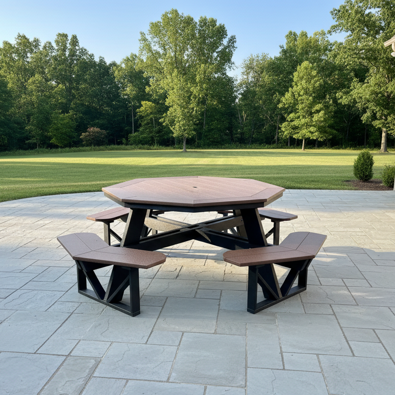 Amish Octagon Picnic Table
Made With HDPE Weather Resistant, Eco-Friendly Material
Rust Proof Stainless Steel Hardware
Maintenance Free!
Choose From 20+ Colors &amp; Color Combinations
Standard Dimensions:
Overall: 96" Wide x 96" Deep x 30" High
Table Top: 56" x 56"