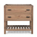 A rustic two-drawer wooden cabinet with a slatted lower shelf, featuring dark metal drawer pulls, shown against a plain white background.